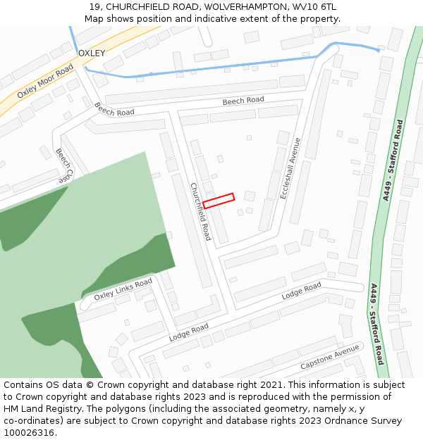 19, CHURCHFIELD ROAD, WOLVERHAMPTON, WV10 6TL: Location map and indicative extent of plot