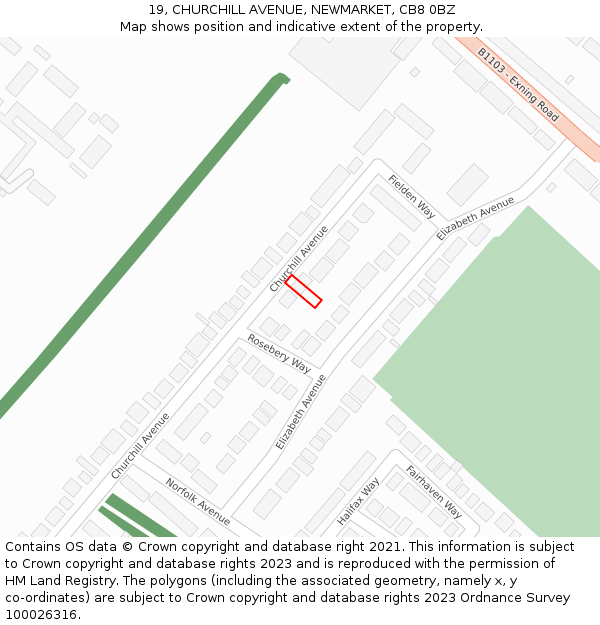 19, CHURCHILL AVENUE, NEWMARKET, CB8 0BZ: Location map and indicative extent of plot