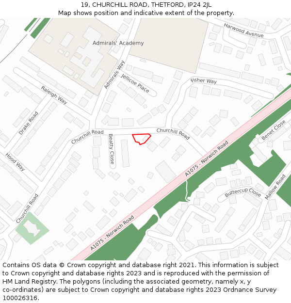 19, CHURCHILL ROAD, THETFORD, IP24 2JL: Location map and indicative extent of plot