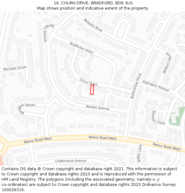 19, CHURN DRIVE, BRADFORD, BD6 3LN: Location map and indicative extent of plot