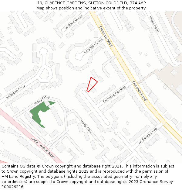 19, CLARENCE GARDENS, SUTTON COLDFIELD, B74 4AP: Location map and indicative extent of plot