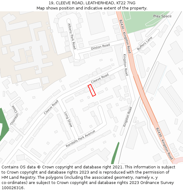 19, CLEEVE ROAD, LEATHERHEAD, KT22 7NG: Location map and indicative extent of plot
