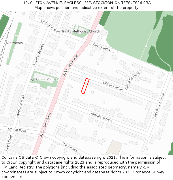 19, CLIFTON AVENUE, EAGLESCLIFFE, STOCKTON-ON-TEES, TS16 9BA: Location map and indicative extent of plot