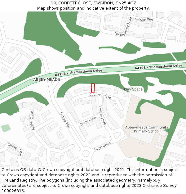 19, COBBETT CLOSE, SWINDON, SN25 4GZ: Location map and indicative extent of plot