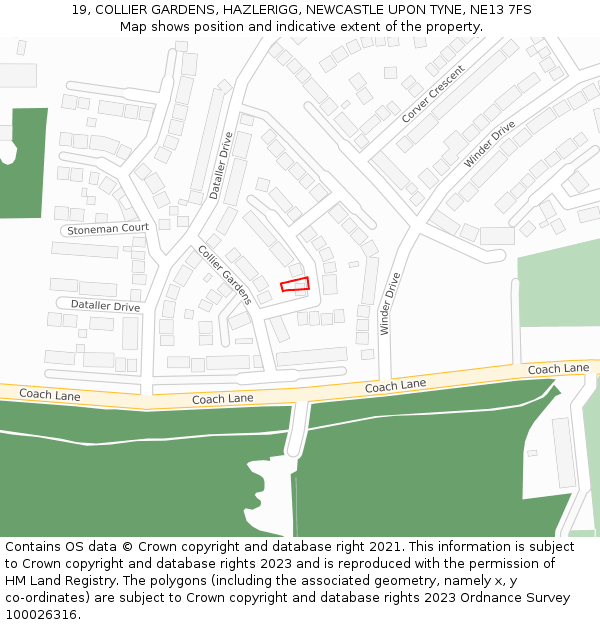 19, COLLIER GARDENS, HAZLERIGG, NEWCASTLE UPON TYNE, NE13 7FS: Location map and indicative extent of plot