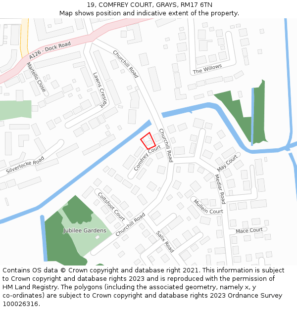 19, COMFREY COURT, GRAYS, RM17 6TN: Location map and indicative extent of plot