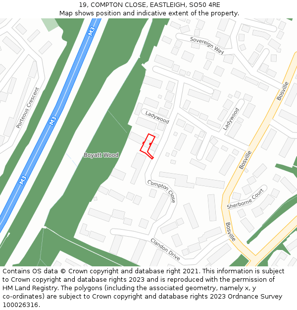 19, COMPTON CLOSE, EASTLEIGH, SO50 4RE: Location map and indicative extent of plot