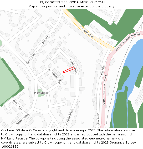 19, COOPERS RISE, GODALMING, GU7 2NH: Location map and indicative extent of plot