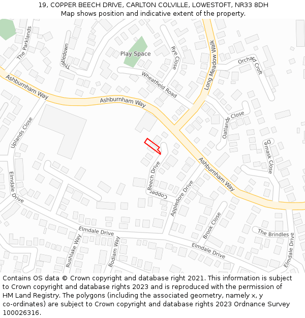19, COPPER BEECH DRIVE, CARLTON COLVILLE, LOWESTOFT, NR33 8DH: Location map and indicative extent of plot