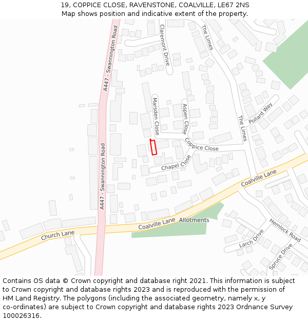 19, COPPICE CLOSE, RAVENSTONE, COALVILLE, LE67 2NS: Location map and indicative extent of plot