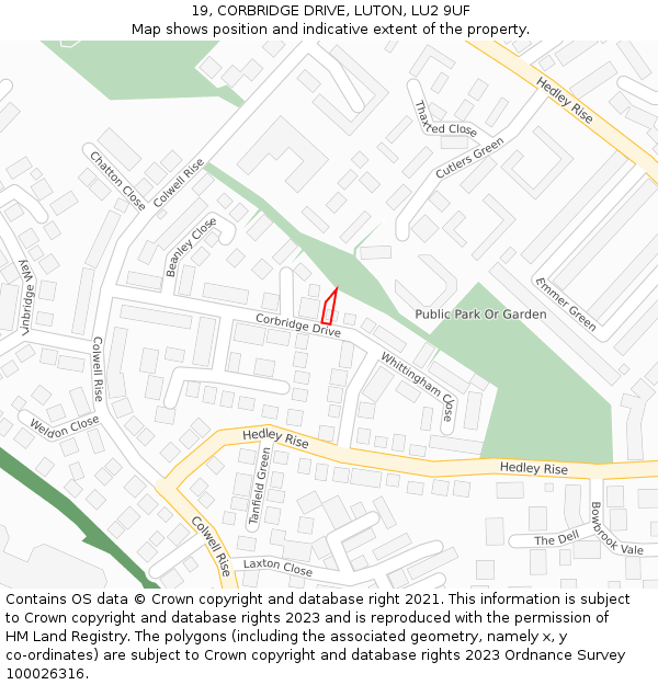 19, CORBRIDGE DRIVE, LUTON, LU2 9UF: Location map and indicative extent of plot