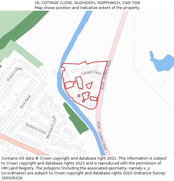 19, COTTAGE CLOSE, RUDHEATH, NORTHWICH, CW9 7GW: Location map and indicative extent of plot