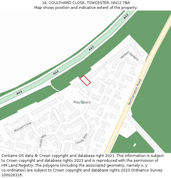 19, COULTHARD CLOSE, TOWCESTER, NN12 7BA: Location map and indicative extent of plot
