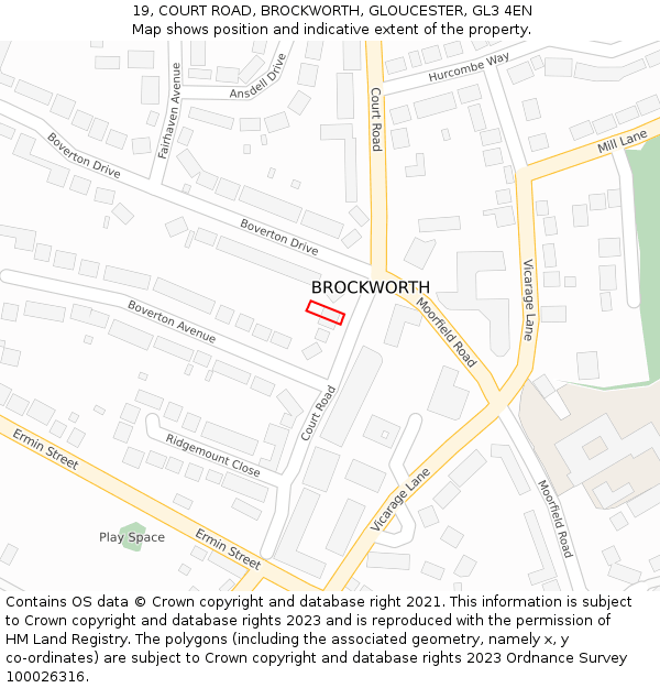 19, COURT ROAD, BROCKWORTH, GLOUCESTER, GL3 4EN: Location map and indicative extent of plot