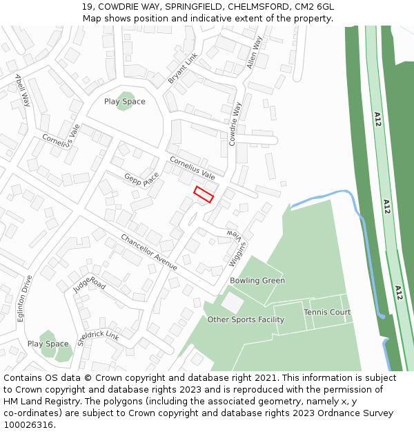 19, COWDRIE WAY, SPRINGFIELD, CHELMSFORD, CM2 6GL: Location map and indicative extent of plot