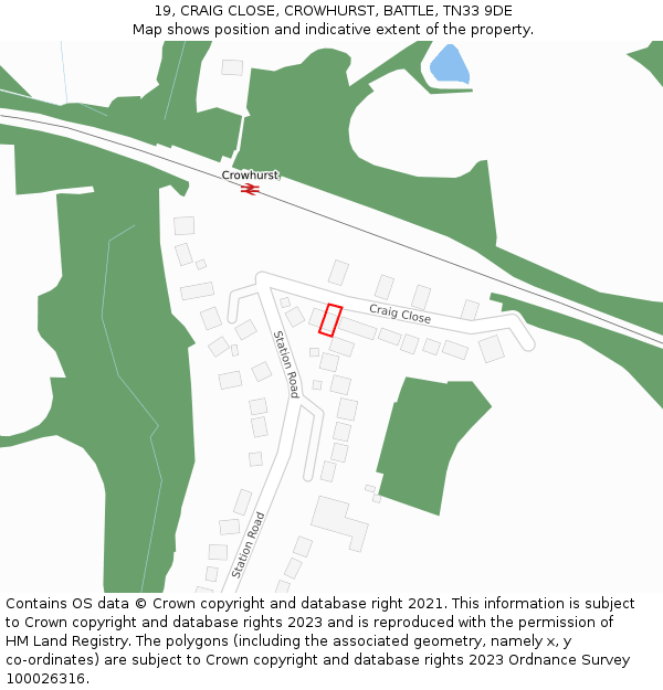 19, CRAIG CLOSE, CROWHURST, BATTLE, TN33 9DE: Location map and indicative extent of plot