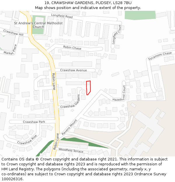 19, CRAWSHAW GARDENS, PUDSEY, LS28 7BU: Location map and indicative extent of plot