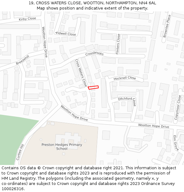 19, CROSS WATERS CLOSE, WOOTTON, NORTHAMPTON, NN4 6AL: Location map and indicative extent of plot