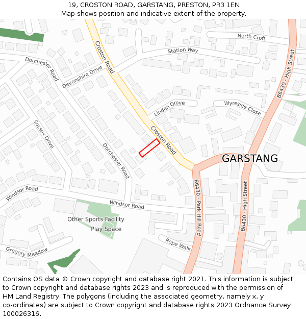 19, CROSTON ROAD, GARSTANG, PRESTON, PR3 1EN: Location map and indicative extent of plot