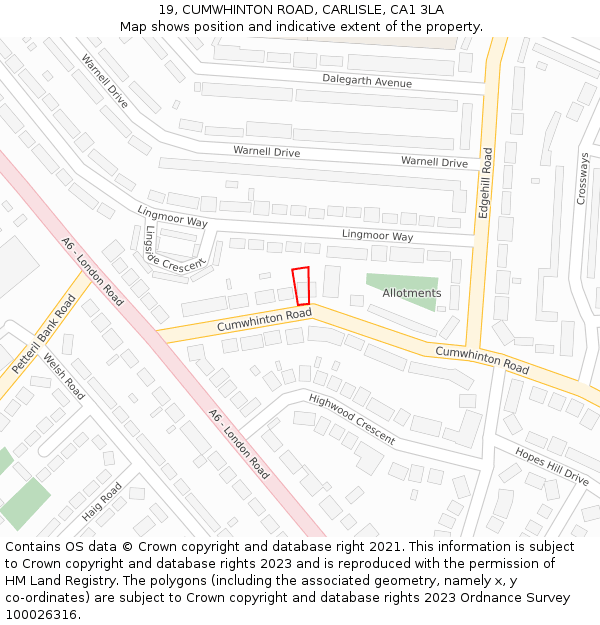 19, CUMWHINTON ROAD, CARLISLE, CA1 3LA: Location map and indicative extent of plot