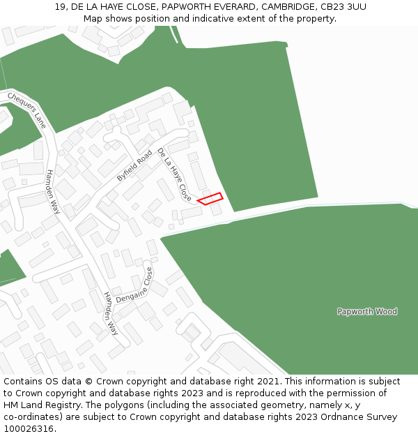 19, DE LA HAYE CLOSE, PAPWORTH EVERARD, CAMBRIDGE, CB23 3UU: Location map and indicative extent of plot