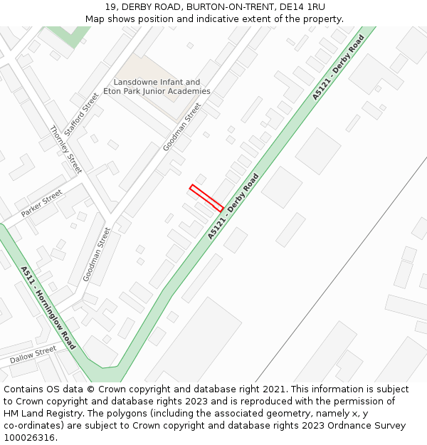 19, DERBY ROAD, BURTON-ON-TRENT, DE14 1RU: Location map and indicative extent of plot