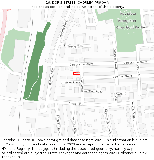 19, DORIS STREET, CHORLEY, PR6 0HA: Location map and indicative extent of plot