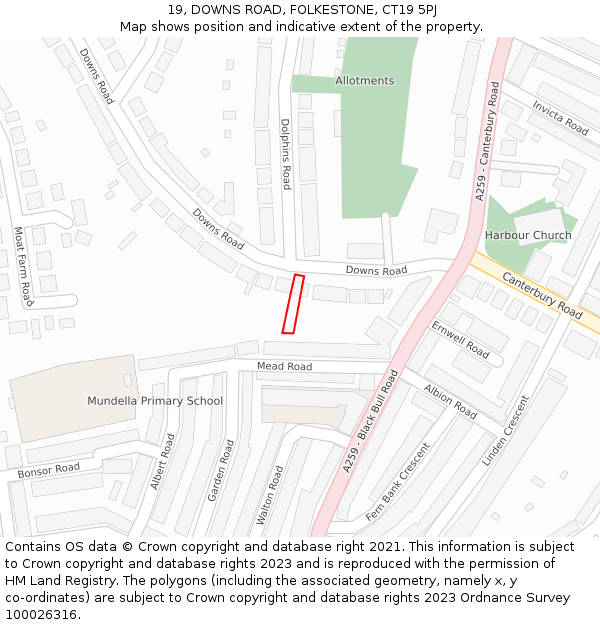 19, DOWNS ROAD, FOLKESTONE, CT19 5PJ: Location map and indicative extent of plot