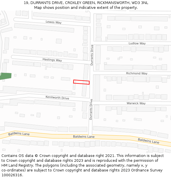 19, DURRANTS DRIVE, CROXLEY GREEN, RICKMANSWORTH, WD3 3NL: Location map and indicative extent of plot