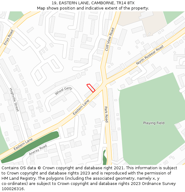 19, EASTERN LANE, CAMBORNE, TR14 8TX: Location map and indicative extent of plot