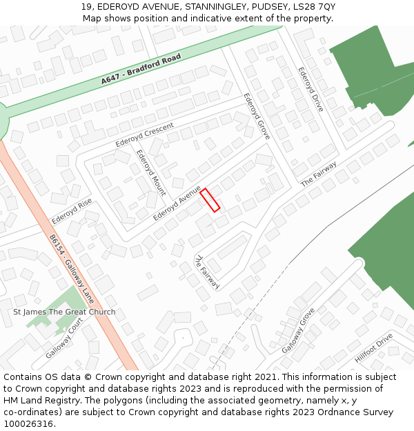 19, EDEROYD AVENUE, STANNINGLEY, PUDSEY, LS28 7QY: Location map and indicative extent of plot