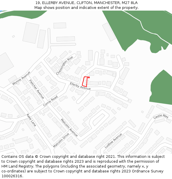 19, ELLERBY AVENUE, CLIFTON, MANCHESTER, M27 8LA: Location map and indicative extent of plot