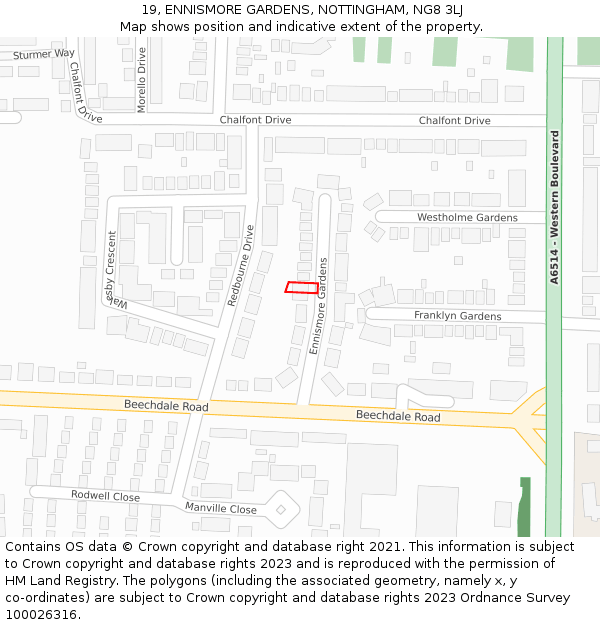 19, ENNISMORE GARDENS, NOTTINGHAM, NG8 3LJ: Location map and indicative extent of plot