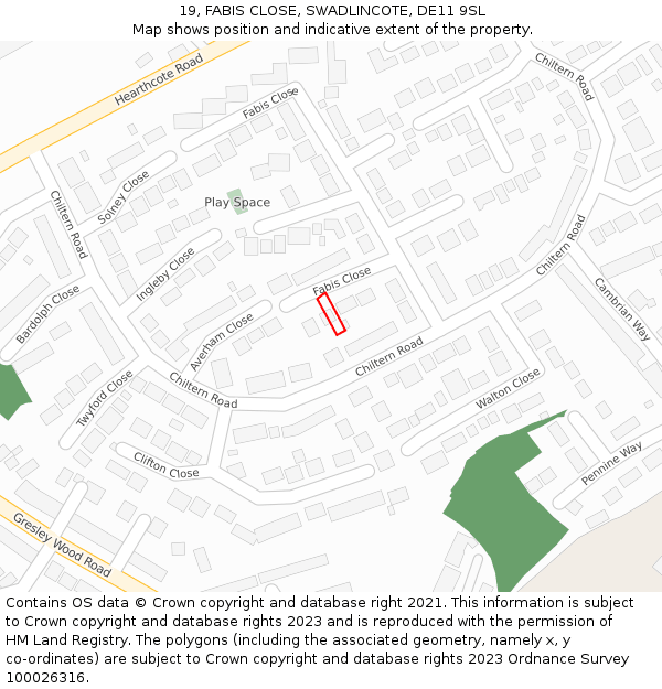 19, FABIS CLOSE, SWADLINCOTE, DE11 9SL: Location map and indicative extent of plot