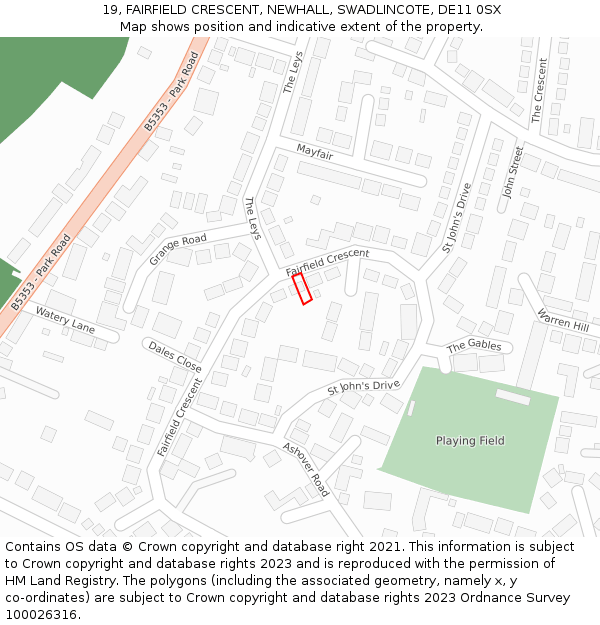 19, FAIRFIELD CRESCENT, NEWHALL, SWADLINCOTE, DE11 0SX: Location map and indicative extent of plot