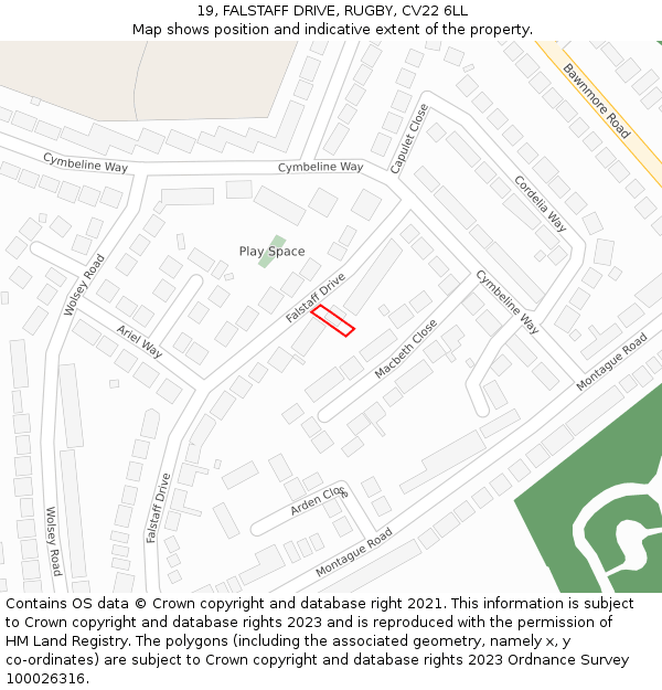 19, FALSTAFF DRIVE, RUGBY, CV22 6LL: Location map and indicative extent of plot