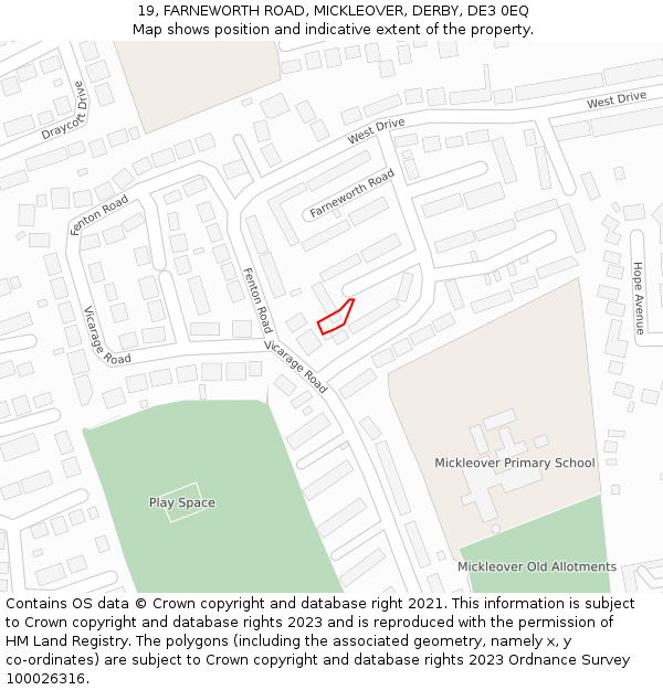 19, FARNEWORTH ROAD, MICKLEOVER, DERBY, DE3 0EQ: Location map and indicative extent of plot