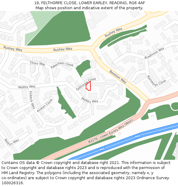 19, FELTHORPE CLOSE, LOWER EARLEY, READING, RG6 4AF: Location map and indicative extent of plot