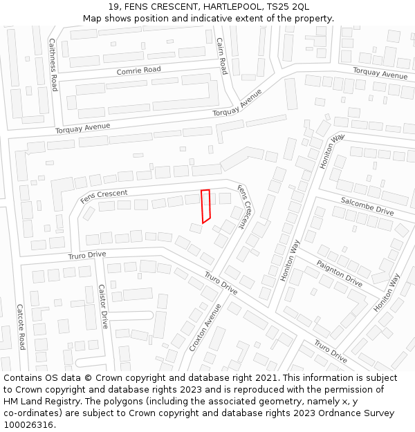 19, FENS CRESCENT, HARTLEPOOL, TS25 2QL: Location map and indicative extent of plot
