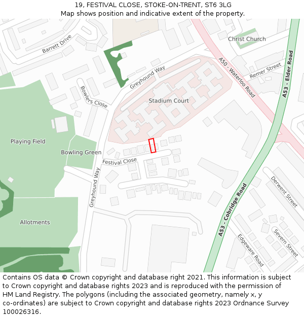 19, FESTIVAL CLOSE, STOKE-ON-TRENT, ST6 3LG: Location map and indicative extent of plot