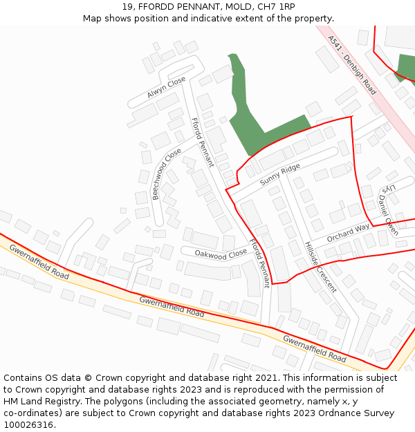 19, FFORDD PENNANT, MOLD, CH7 1RP: Location map and indicative extent of plot