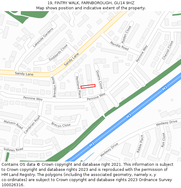 19, FINTRY WALK, FARNBOROUGH, GU14 9HZ: Location map and indicative extent of plot