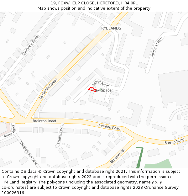 19, FOXWHELP CLOSE, HEREFORD, HR4 0PL: Location map and indicative extent of plot