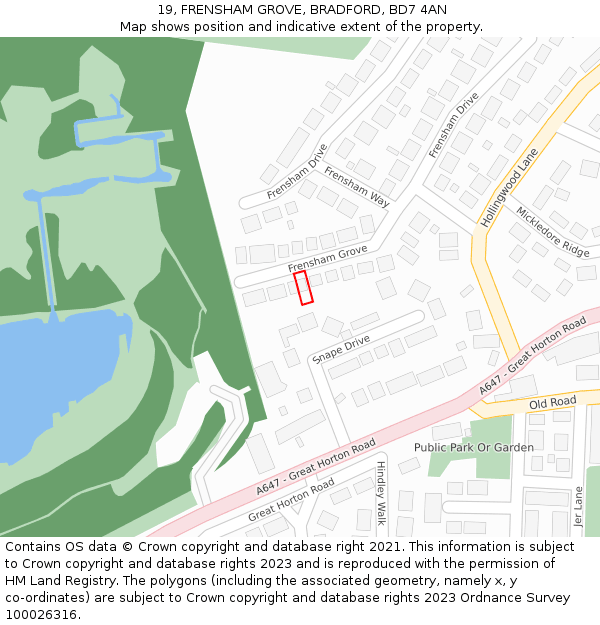 19, FRENSHAM GROVE, BRADFORD, BD7 4AN: Location map and indicative extent of plot