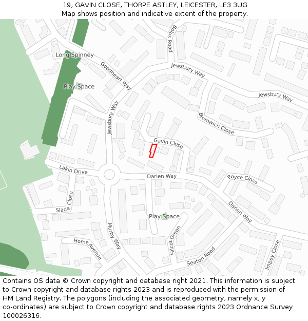 19, GAVIN CLOSE, THORPE ASTLEY, LEICESTER, LE3 3UG: Location map and indicative extent of plot