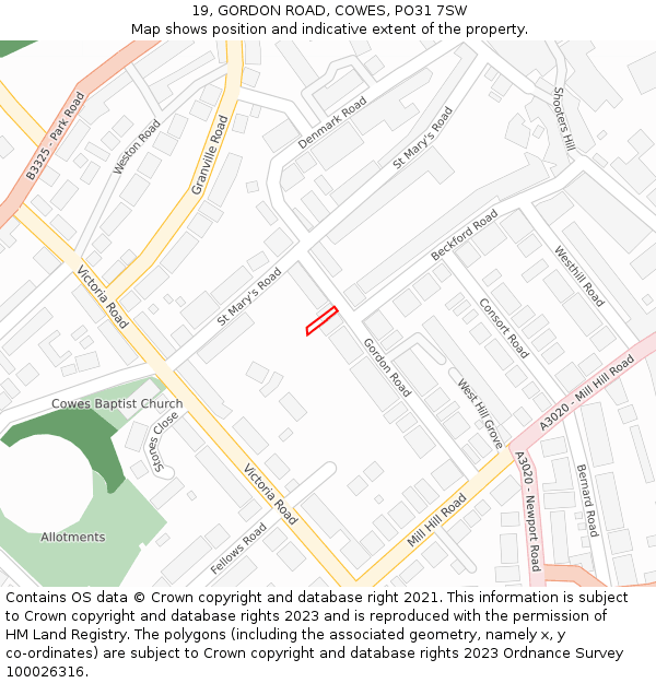 19, GORDON ROAD, COWES, PO31 7SW: Location map and indicative extent of plot