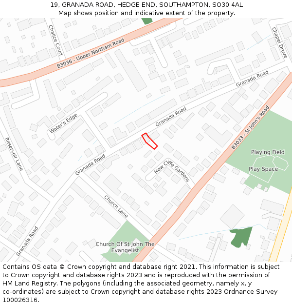 19, GRANADA ROAD, HEDGE END, SOUTHAMPTON, SO30 4AL: Location map and indicative extent of plot
