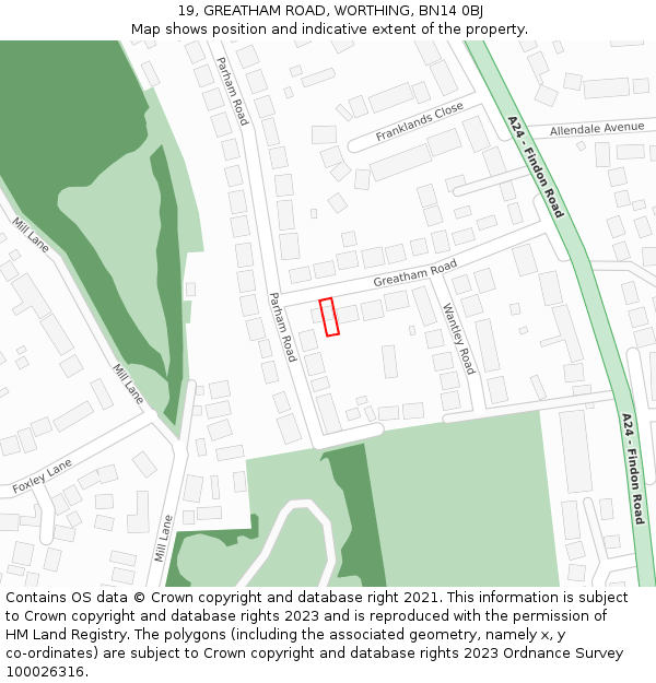 19, GREATHAM ROAD, WORTHING, BN14 0BJ: Location map and indicative extent of plot