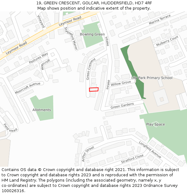 19, GREEN CRESCENT, GOLCAR, HUDDERSFIELD, HD7 4RF: Location map and indicative extent of plot