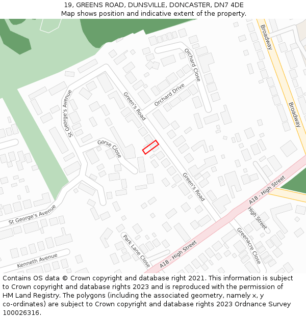 19, GREENS ROAD, DUNSVILLE, DONCASTER, DN7 4DE: Location map and indicative extent of plot